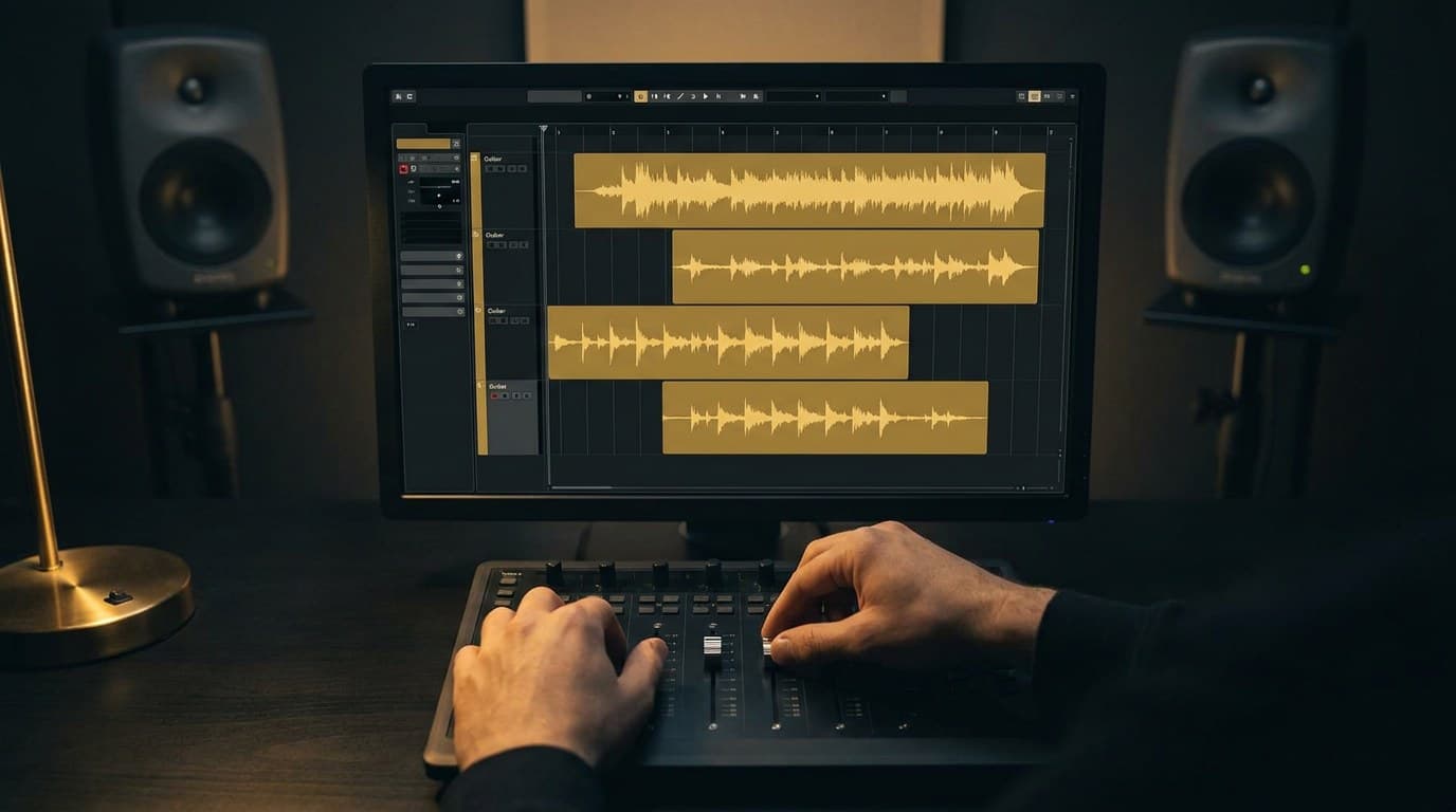 Four double-tracked rhythm guitar takes panned left and right in a DAW session