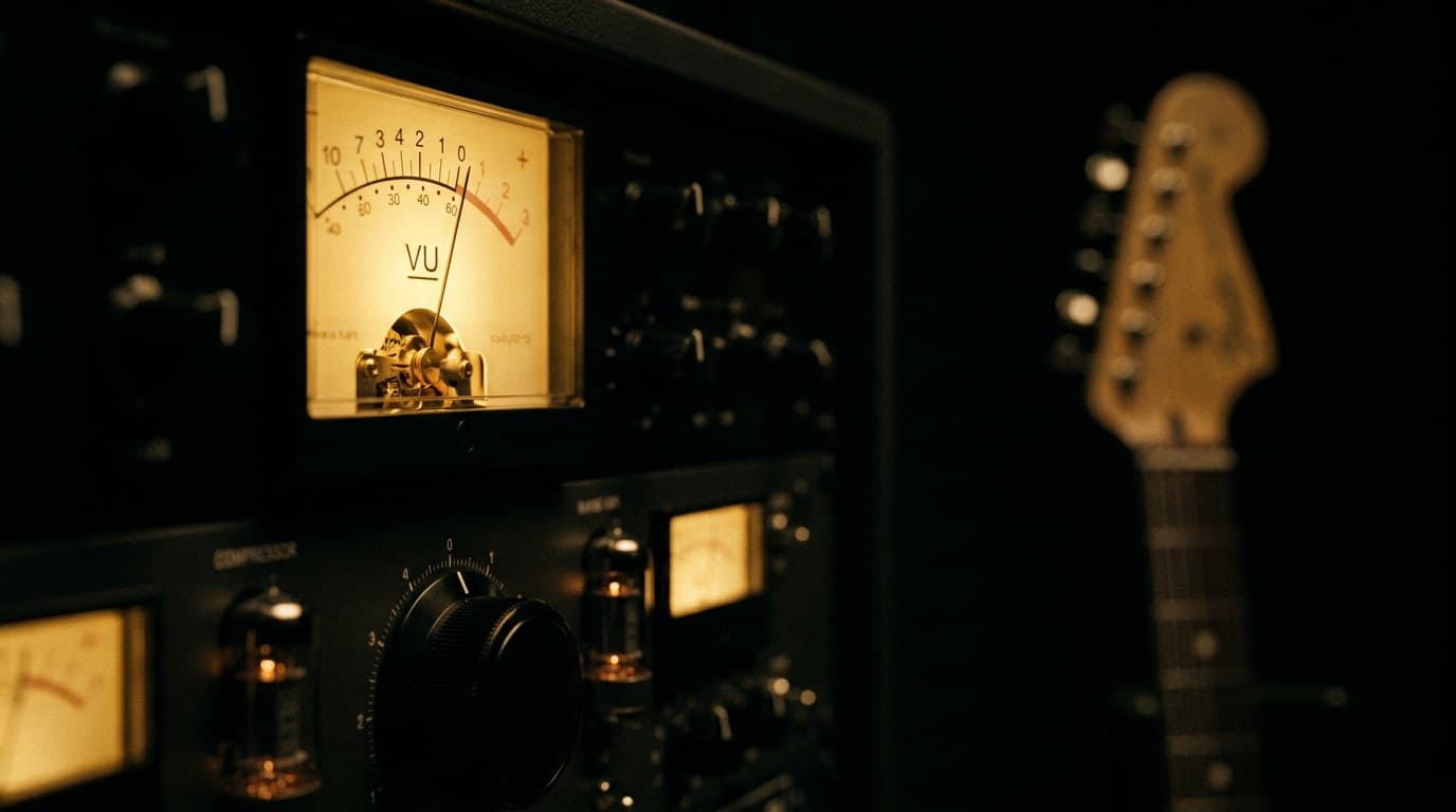 Analog VU meter on a tube mastering compressor with an electric guitar in the background