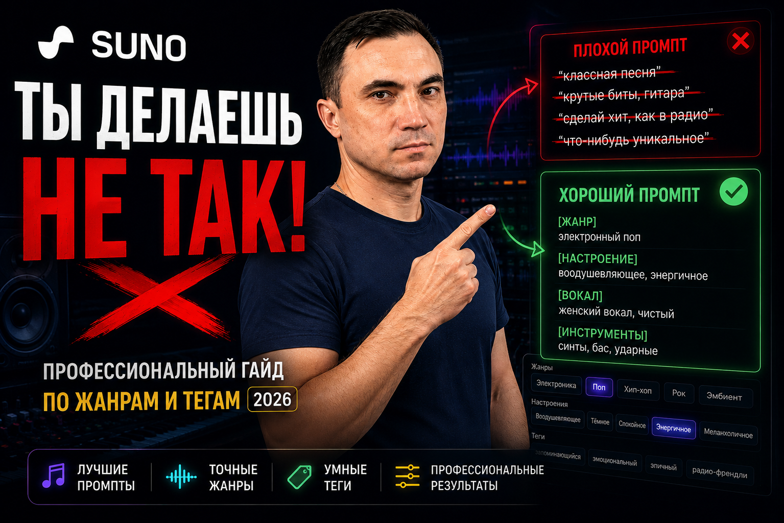 Suno AI: полный гайд для музыкантов — жанры, теги и промпты 2026