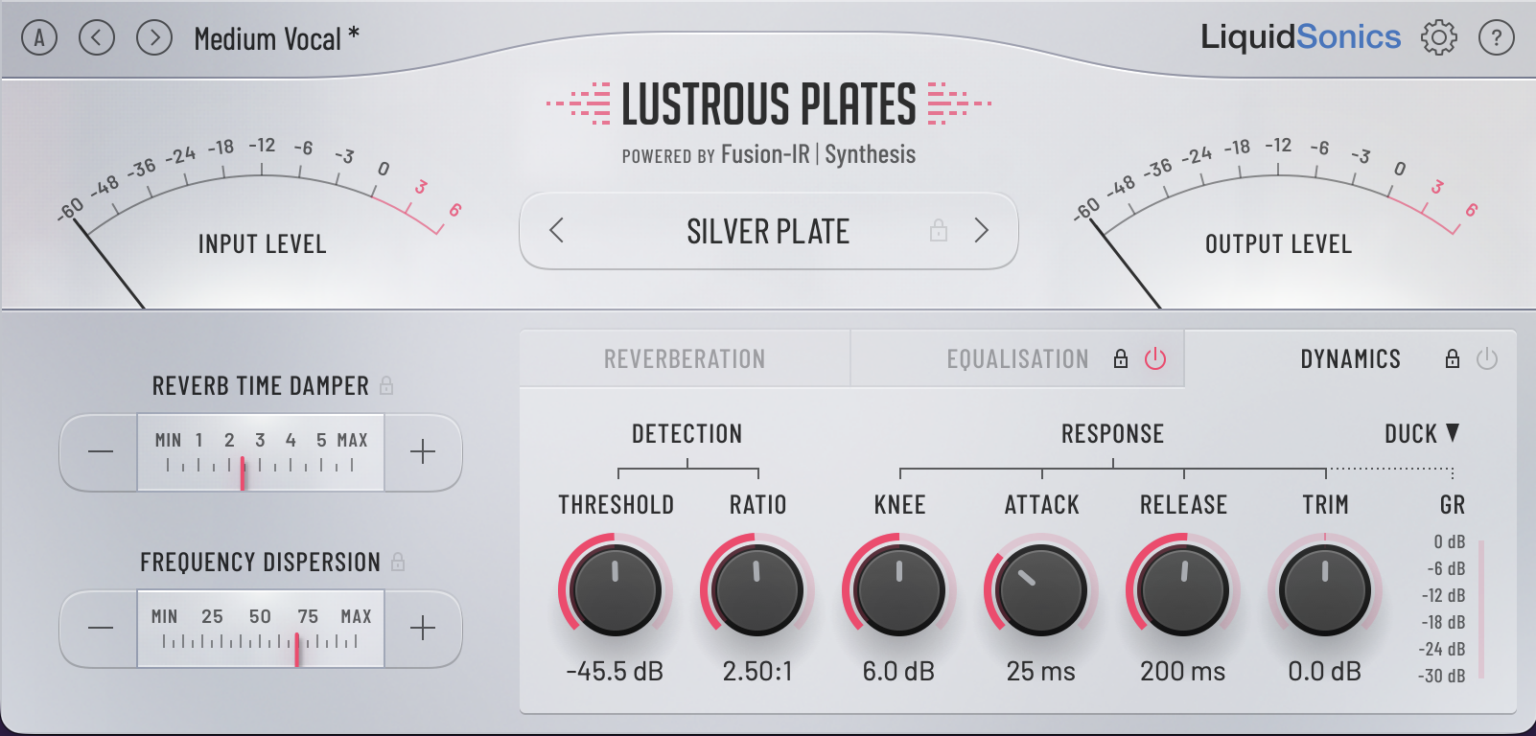 Lustrous Plates reverb plugin — vocal plate send settings