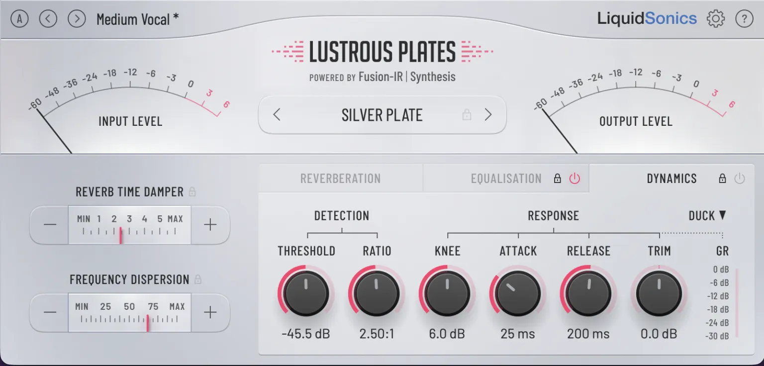 Lustrous Plates reverb plugin — vocal plate send settings