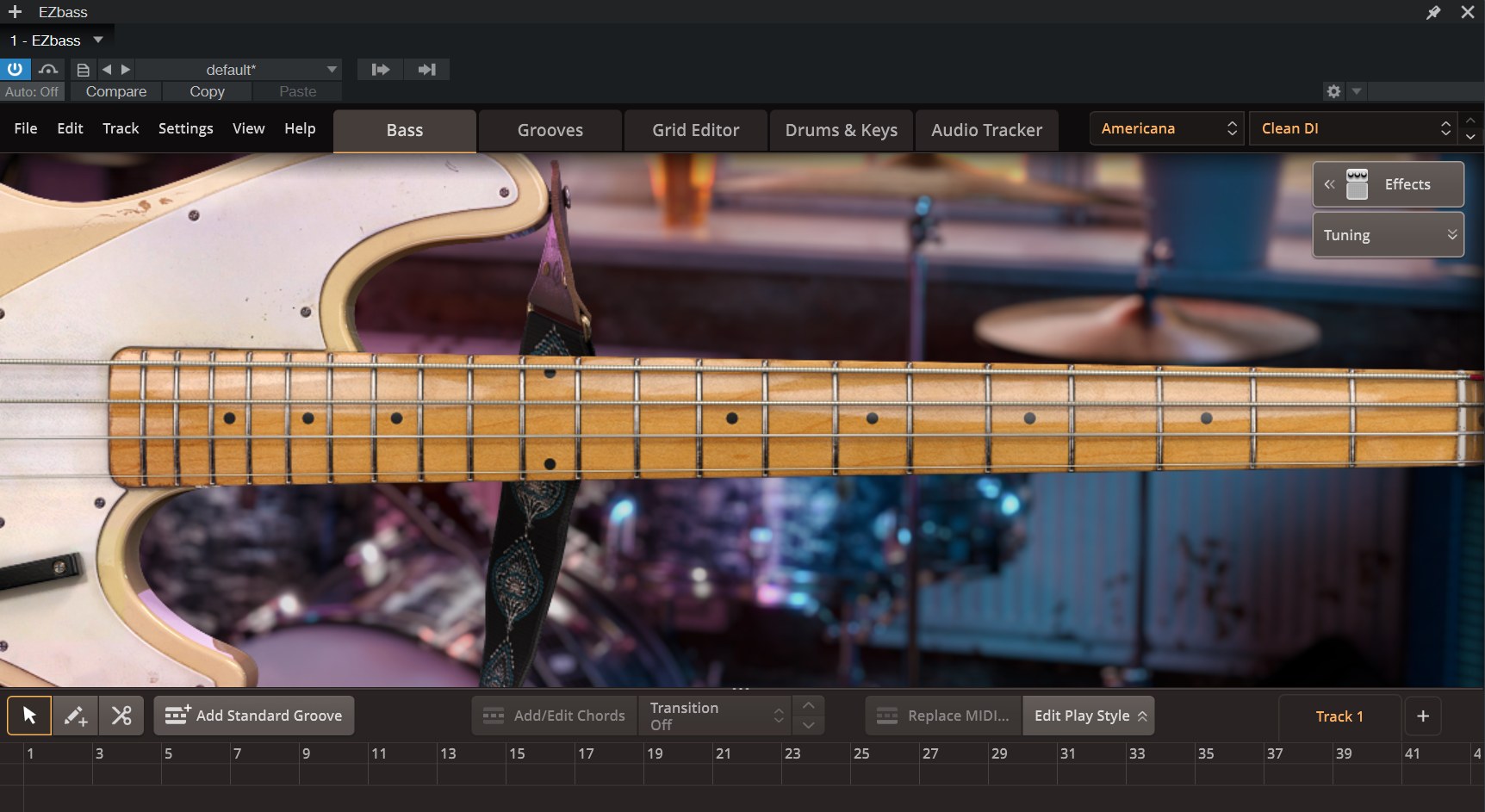 Toontrack EZbass z czystym presetem DI, użyty do zastąpienia rozmytej linii basu z AI partią MIDI