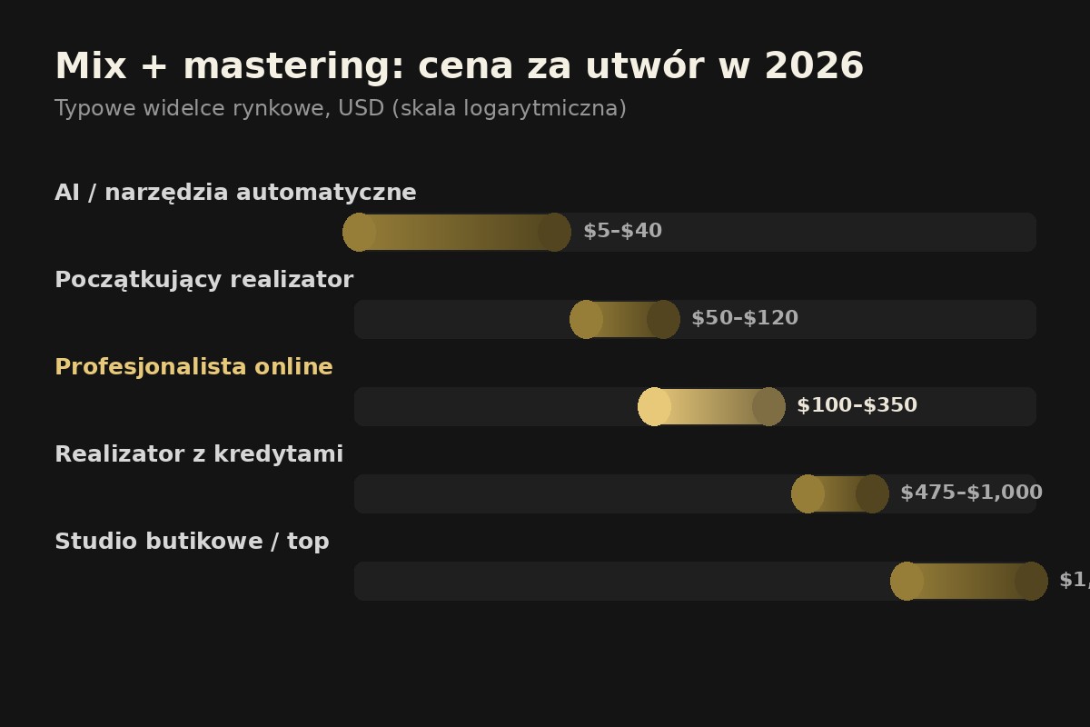 Wykres cen miksu i masteringu za utwór według poziomów w 2026