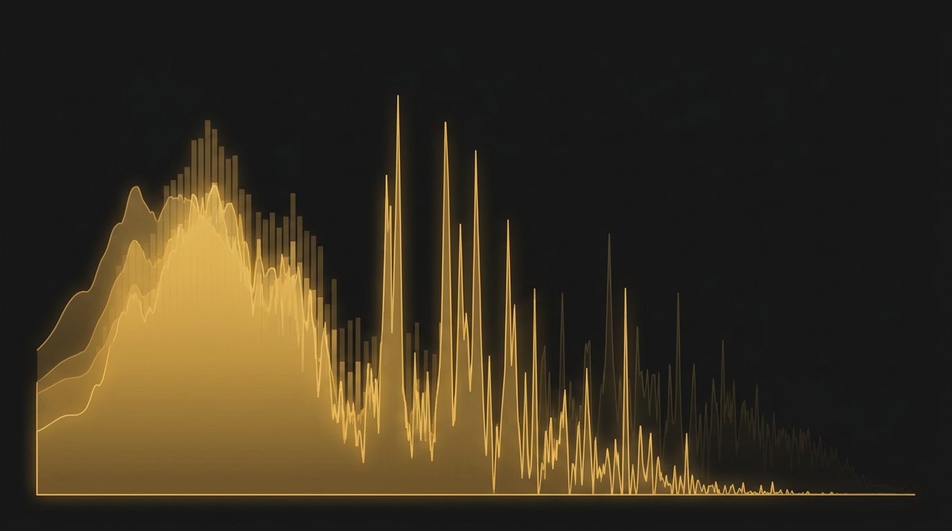 Spectrum of a typical AI-generated track: overloaded low end, harsh resonances, missing ultra highs