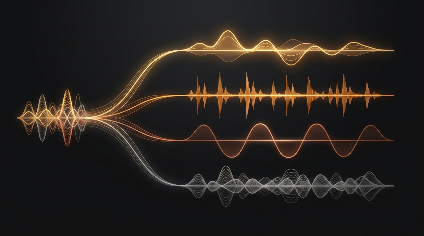 A mixed waveform separating into four stems: vocals, drums, bass and instruments