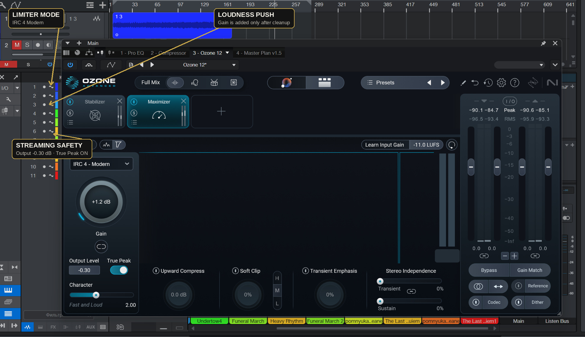Ozone 12 Maximizer settings: IRC 4 Modern, output -0.30 dB, True Peak enabled