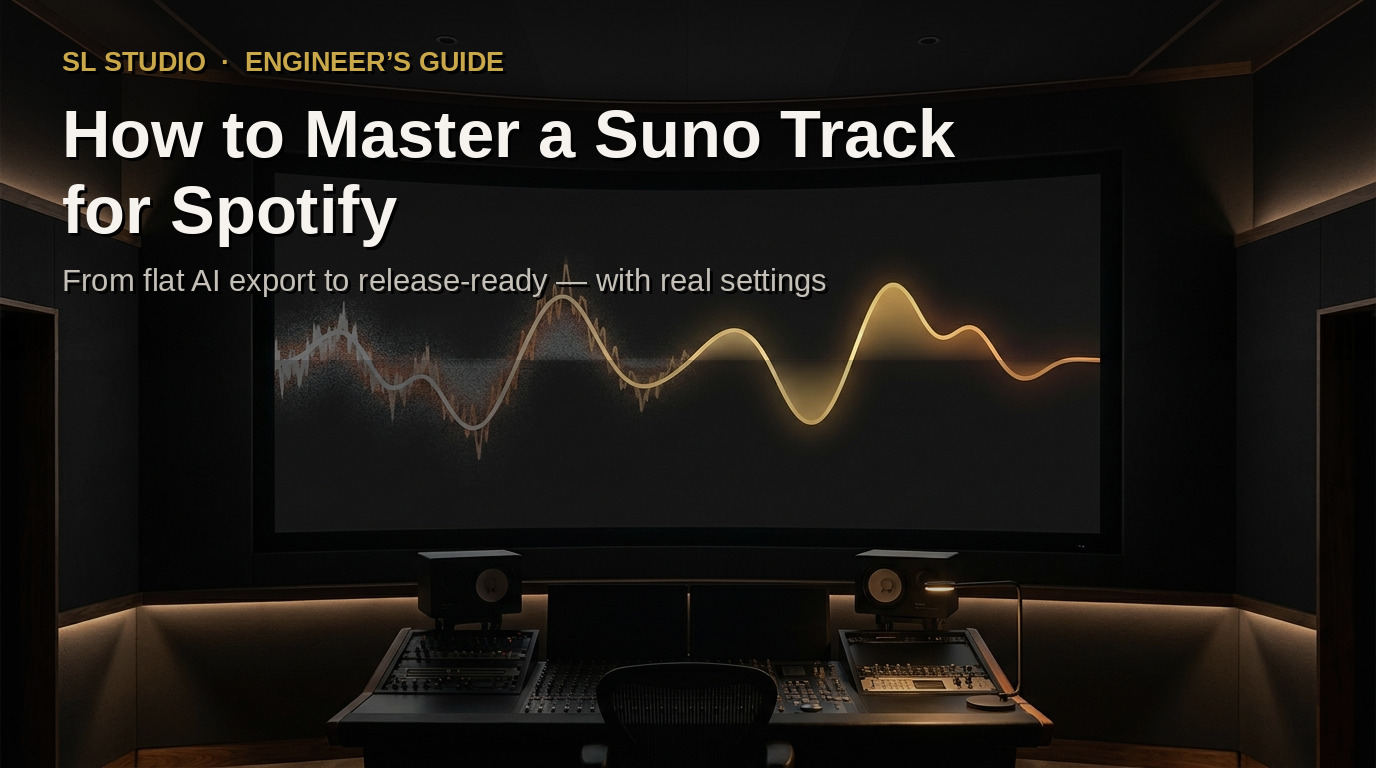 Raw Suno export waveform transforming into a clean mastered waveform