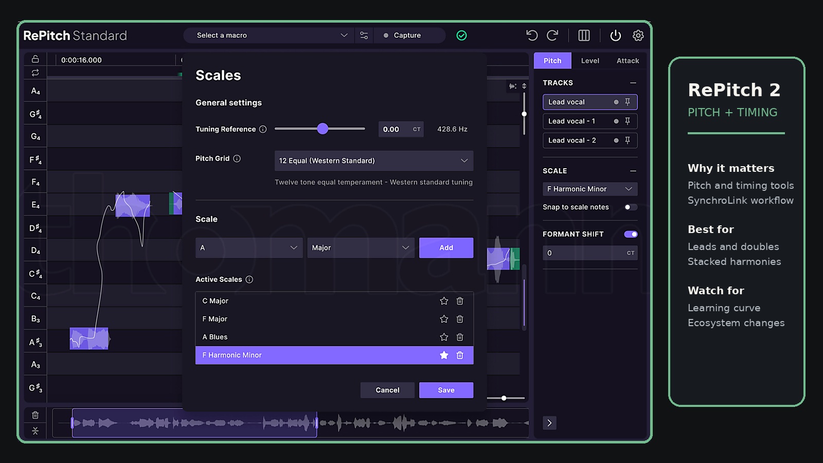 RePitch 2 interface with pitch, scale and timing controls
