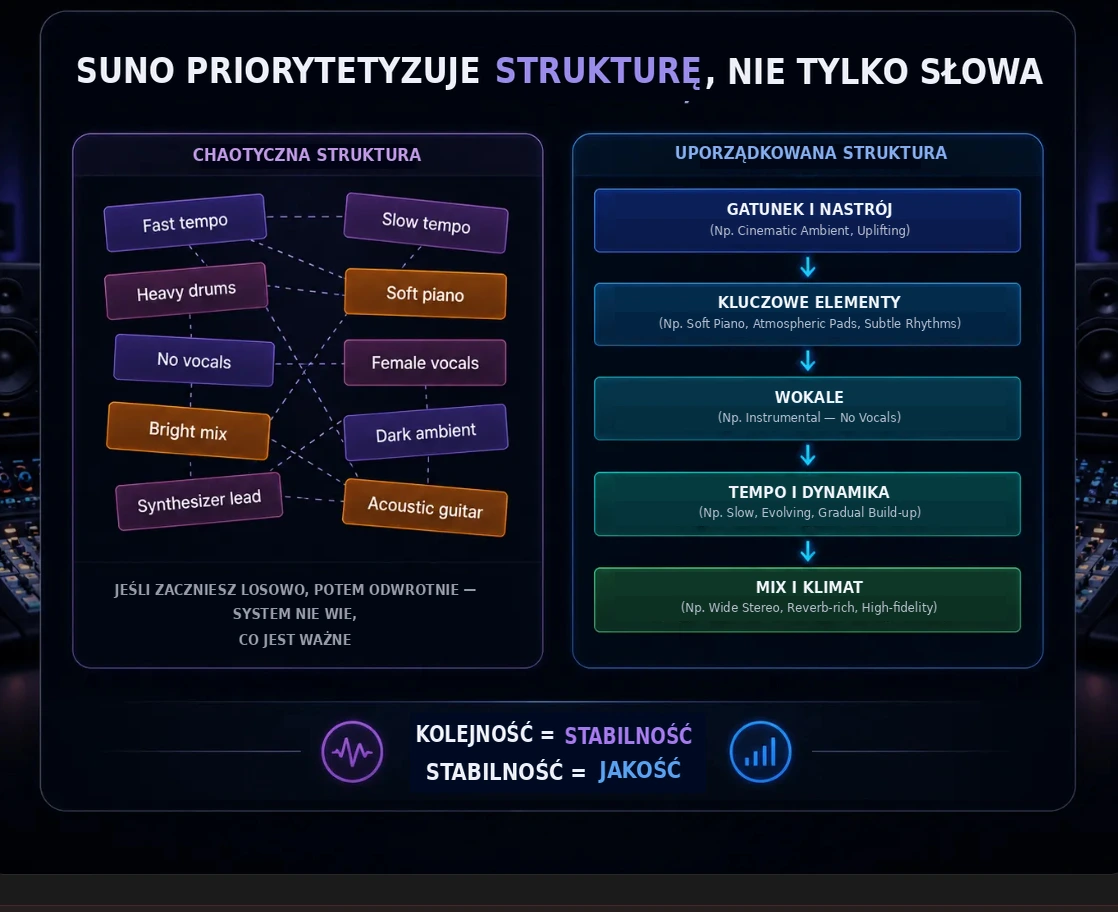 Suno priorytetyzuje strukturę, nie tylko słowa