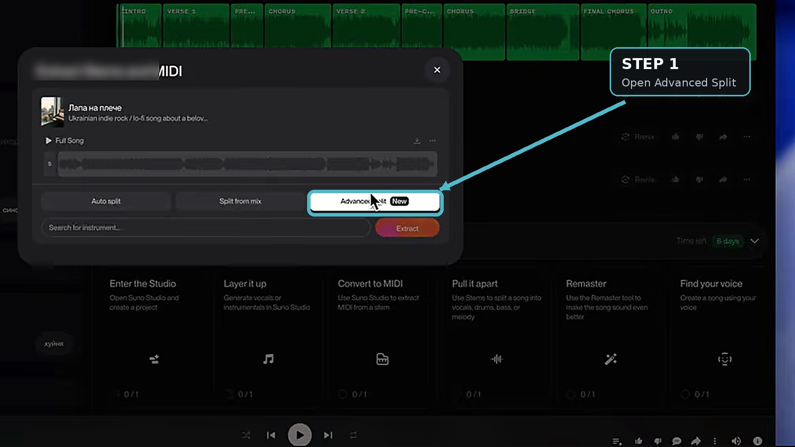 Suno interface showing the Extract Stems and MIDI menu with the Advanced Split separation mode