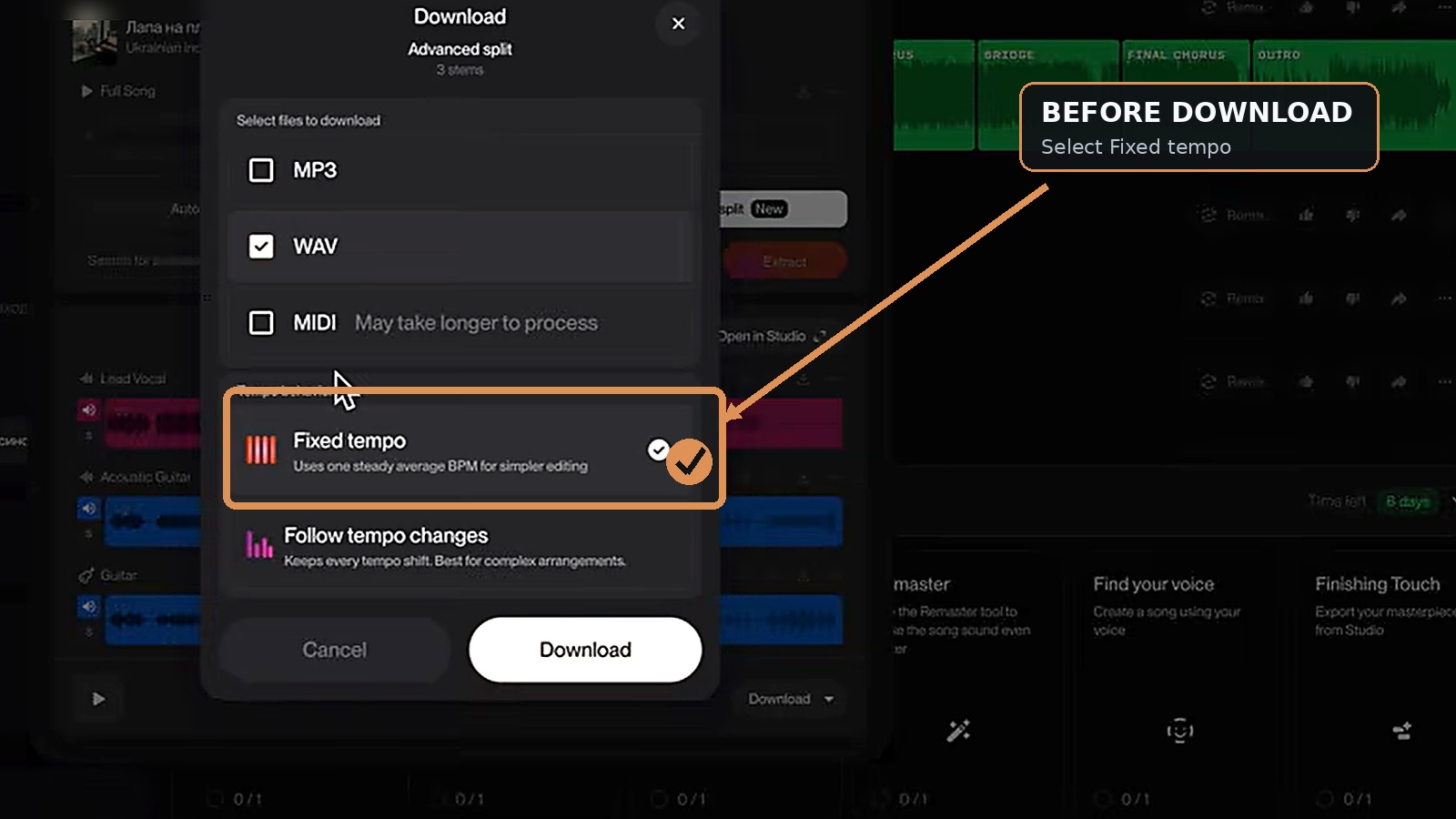 Suno download dialog with the WAV format and Fixed tempo option selected before exporting stems