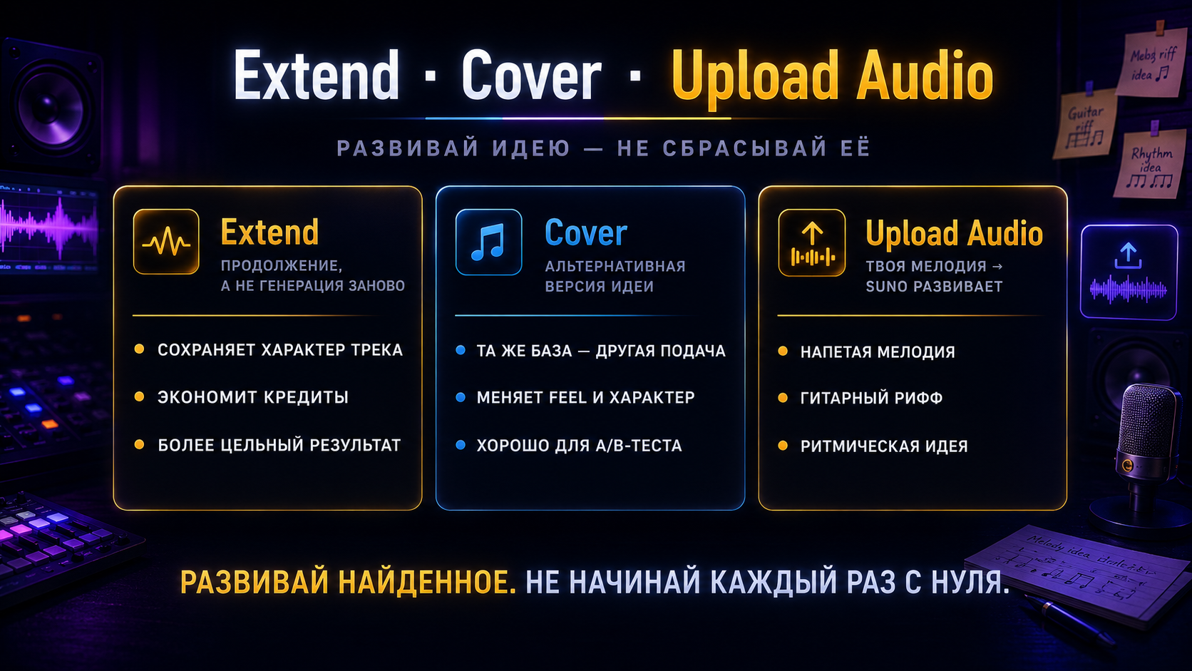 Extend, Cover и Upload в Suno