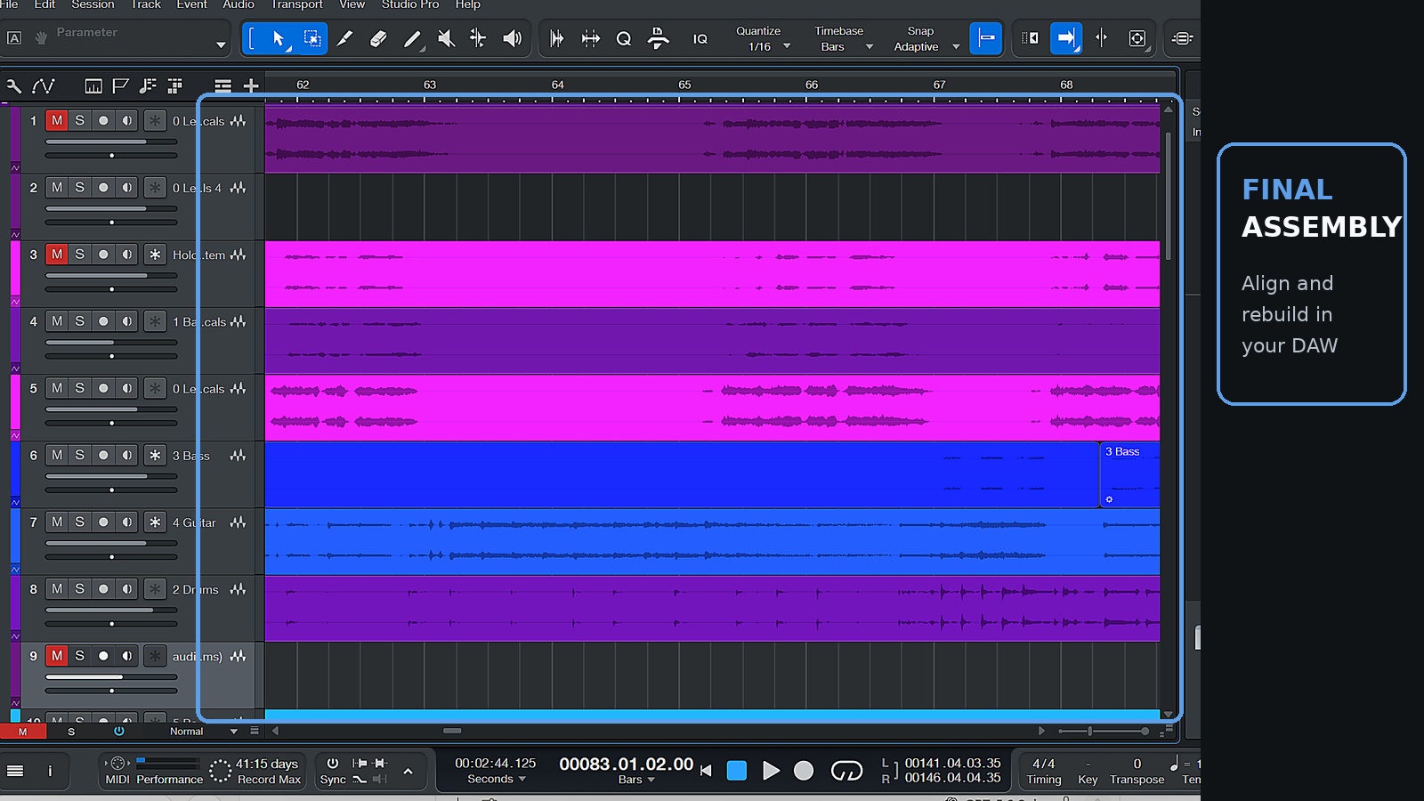 Regenerated Suno stems aligned and rebuilt on the timeline in the Studio One DAW