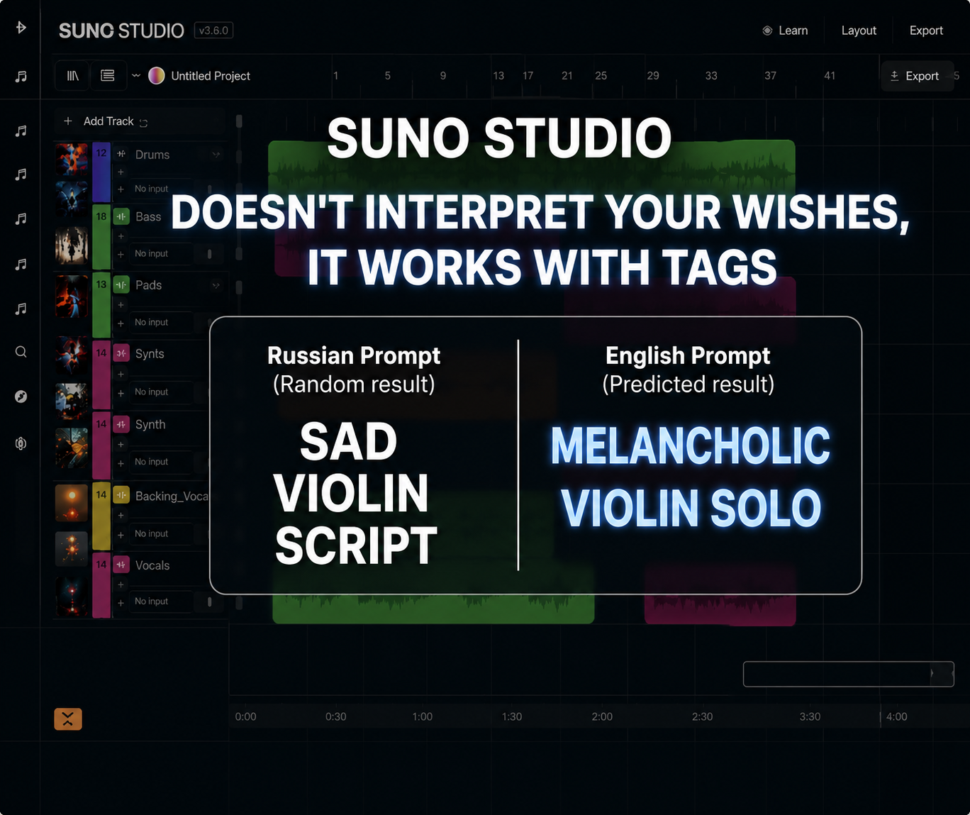 Suno works with tags: sad violin is a lottery, melancholic violin solo is a target