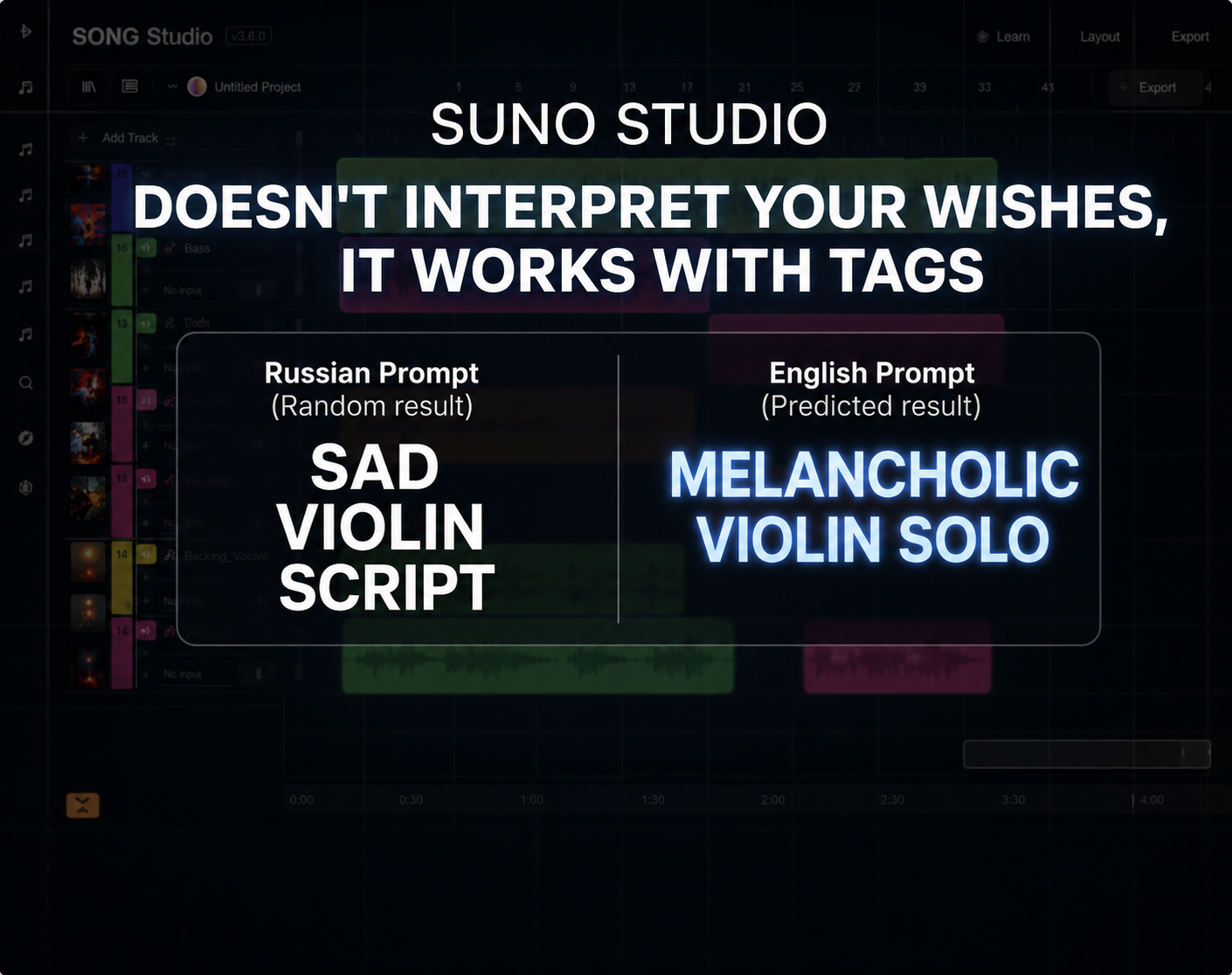 Suno работает с тегами: sad violin — рандом, melancholic violin solo — попадание