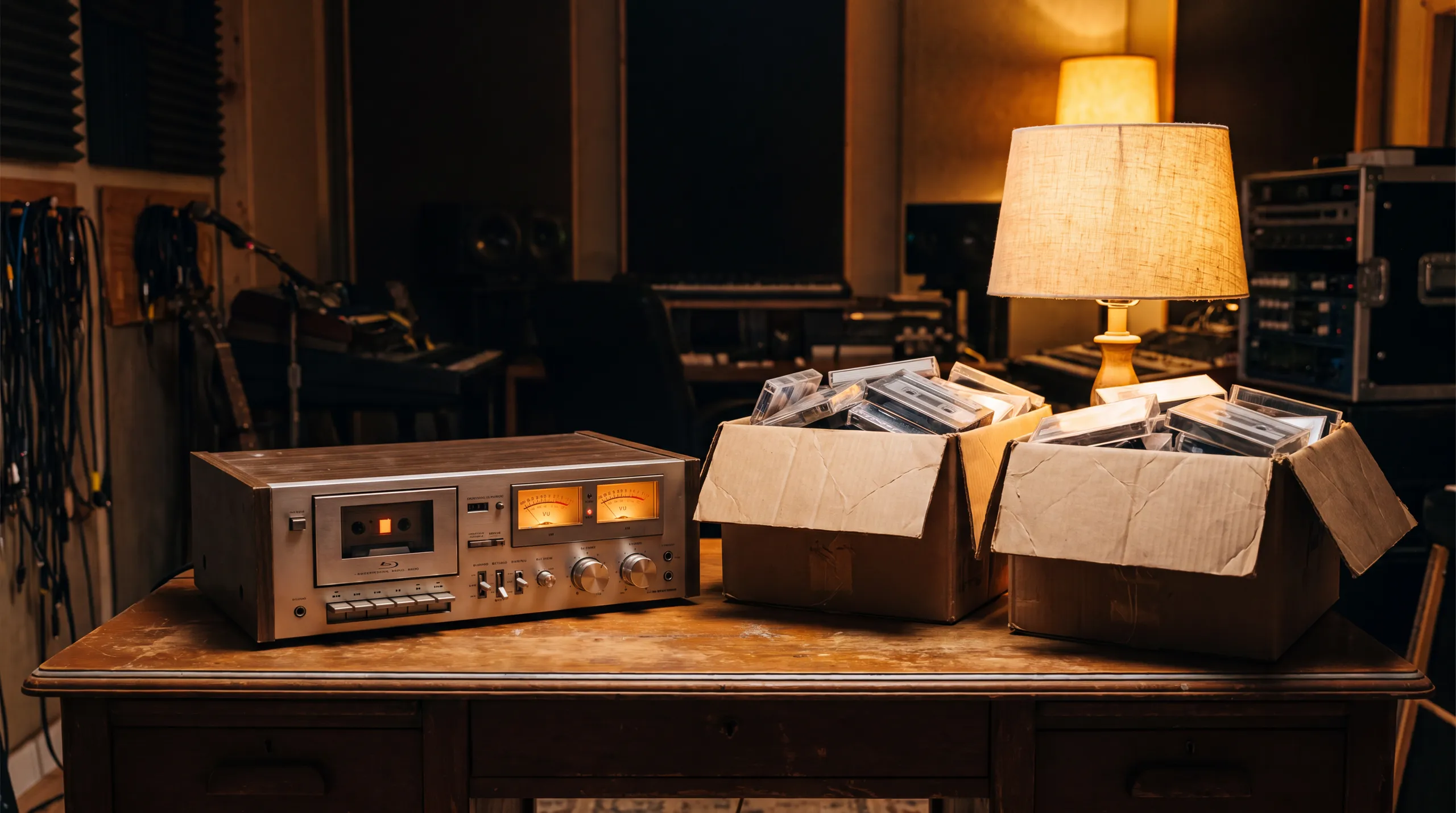 Studio room with a cassette deck and tape archive